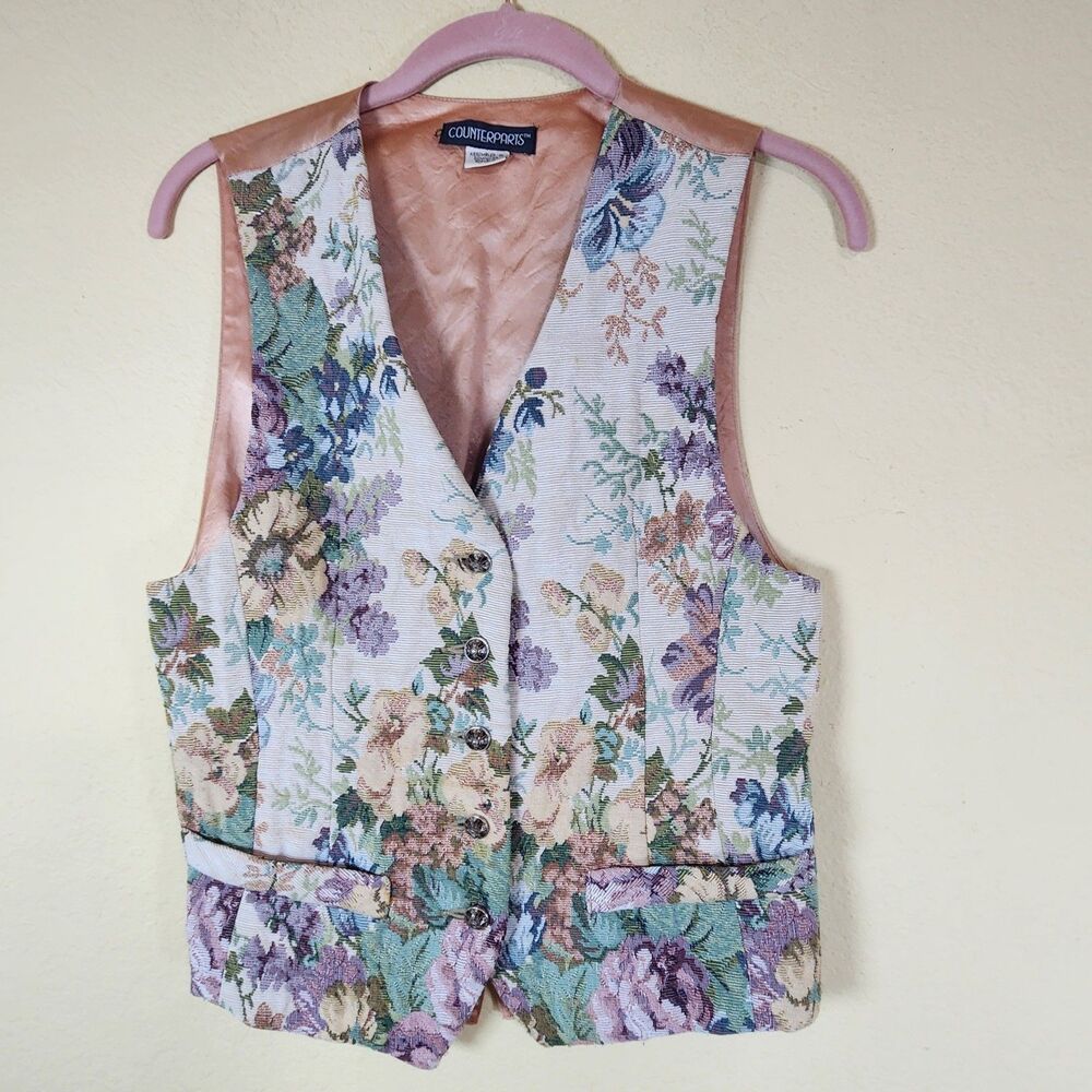 Vintage counterparts 80s Tapestry Floral 5 Button‎ Vest Molly Ringwald Small Y2K